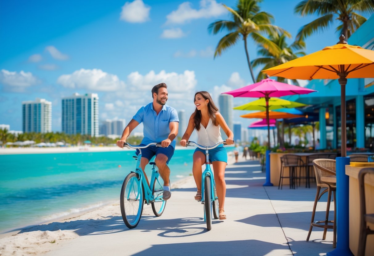 A happy couple enjoying a fun date outdoors near a beach with palm trees and clear blue skies.