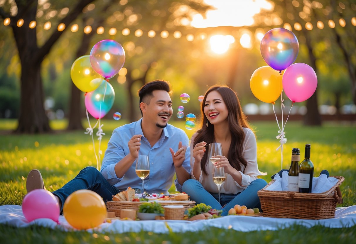 A couple celebrating their anniversary outdoors with festive decorations and a picnic, smiling and enjoying each other's company.