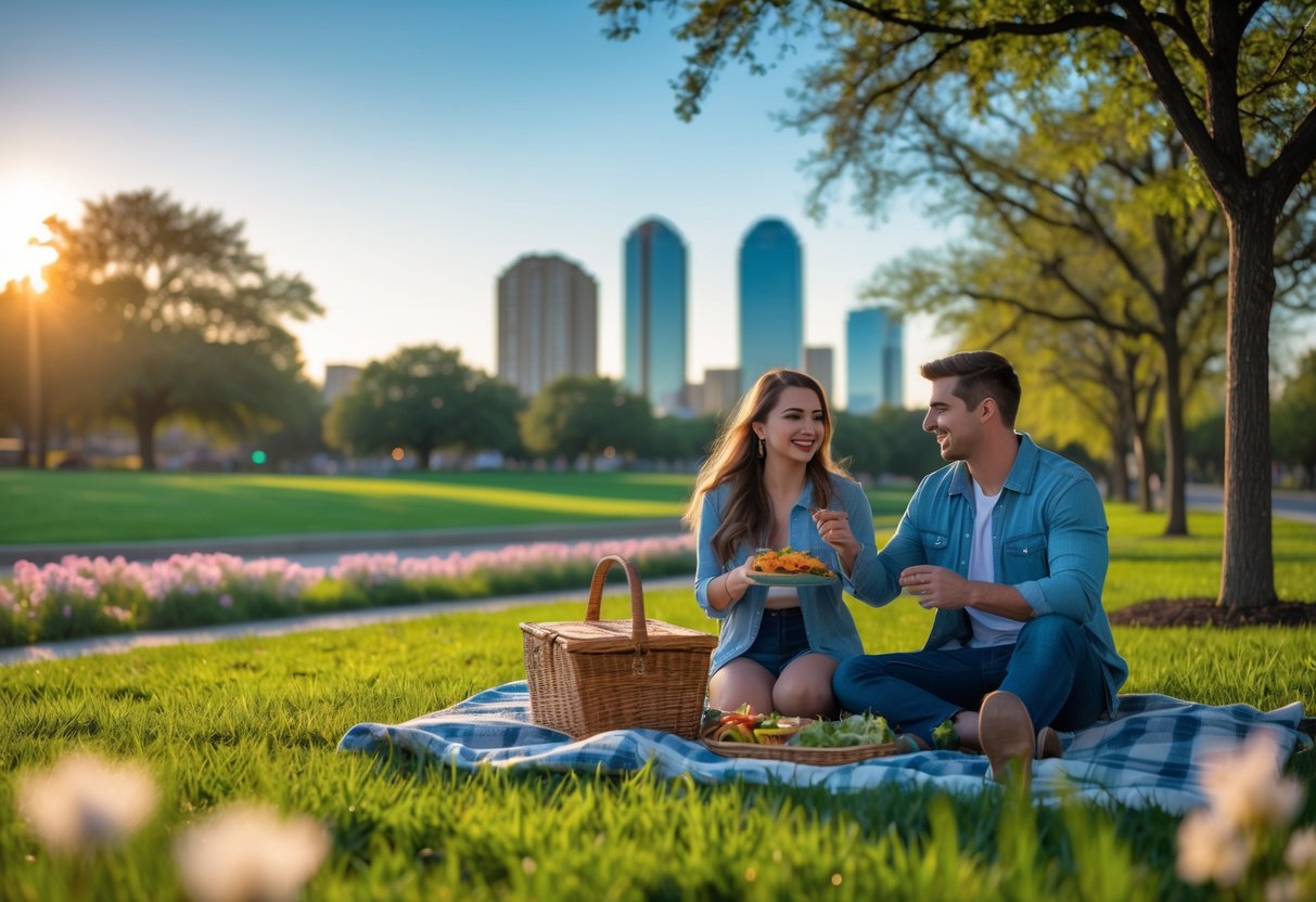 A young couple enjoying a picnic together in a green park with city buildings visible in the background.