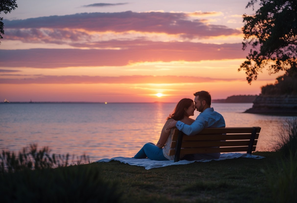 A couple sitting together watching a colorful sunset over a calm body of water surrounded by nature.