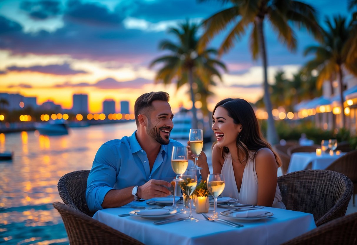 A couple smiling and enjoying a romantic dinner outdoors by the waterfront with palm trees and city lights in the background.