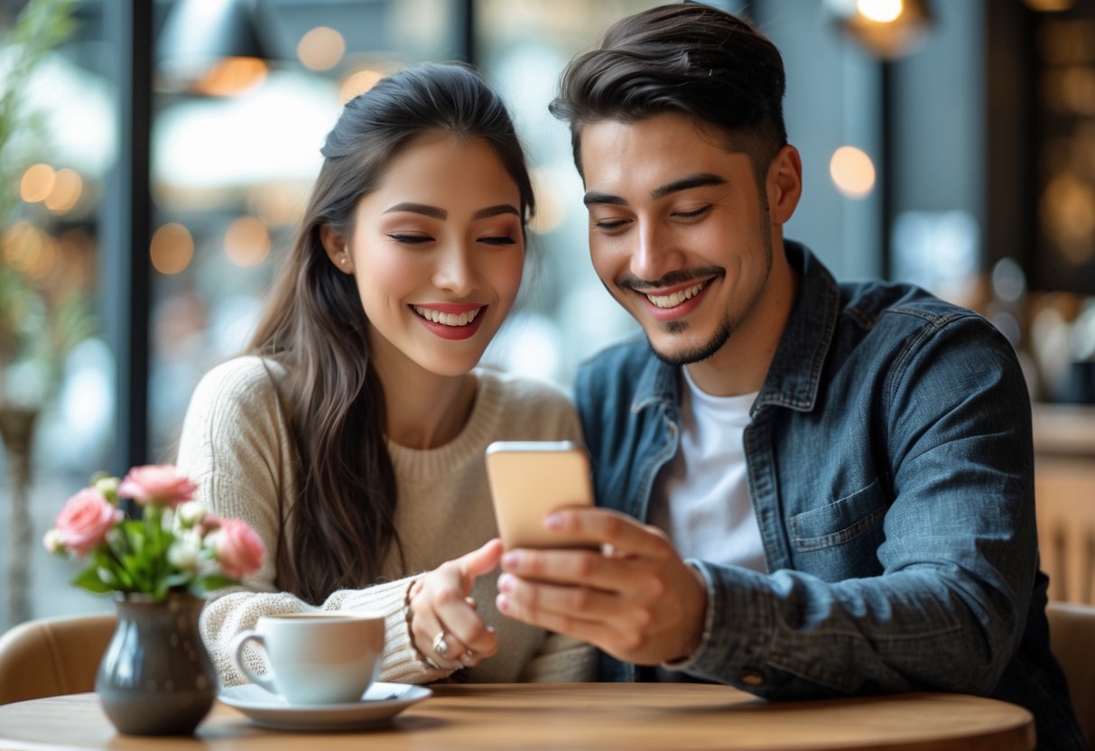 A young couple sitting at a café table looking at a smartphone and smiling.