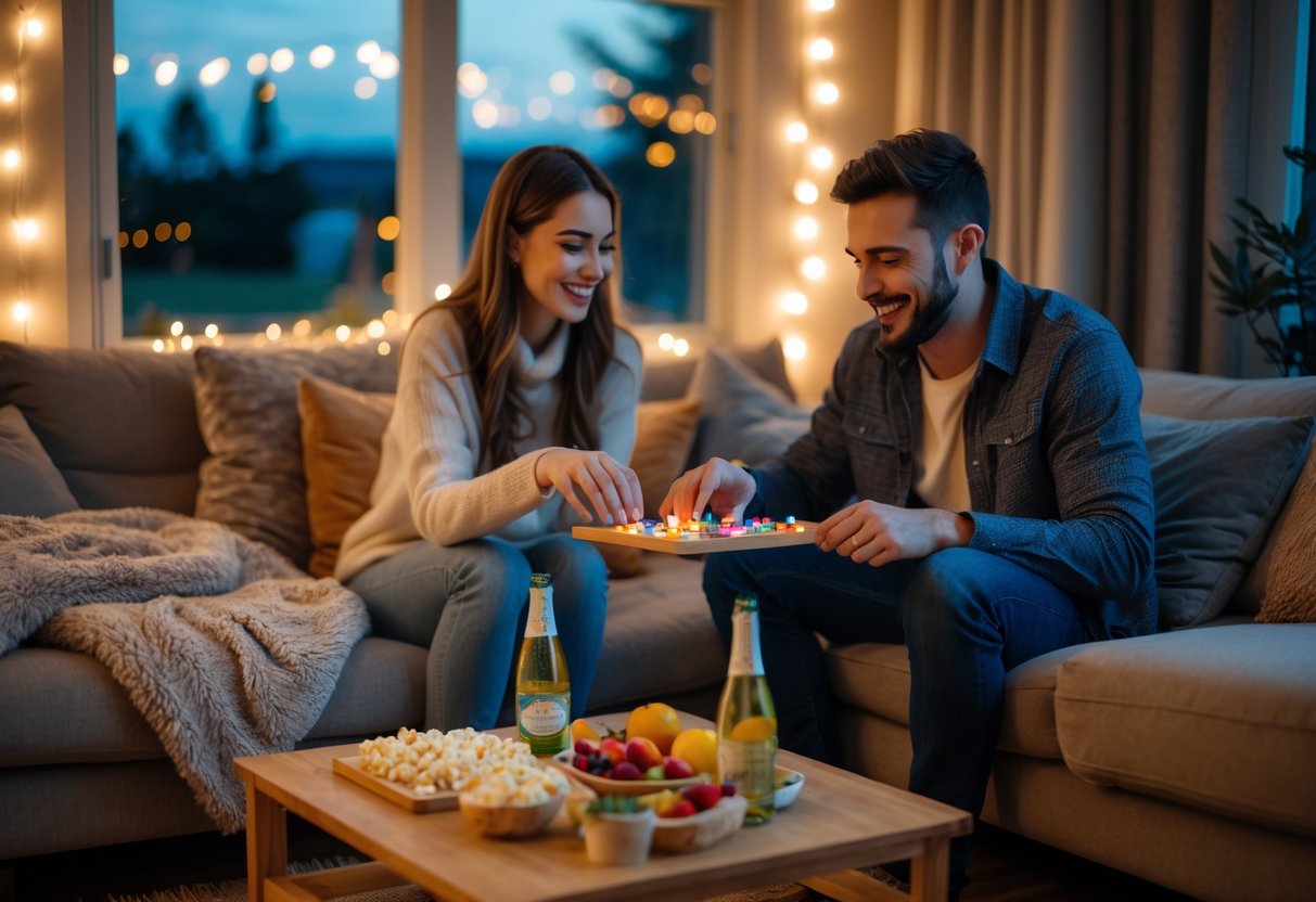 A couple sitting on a sofa playing a board game with snacks on a coffee table in a warmly lit living room.