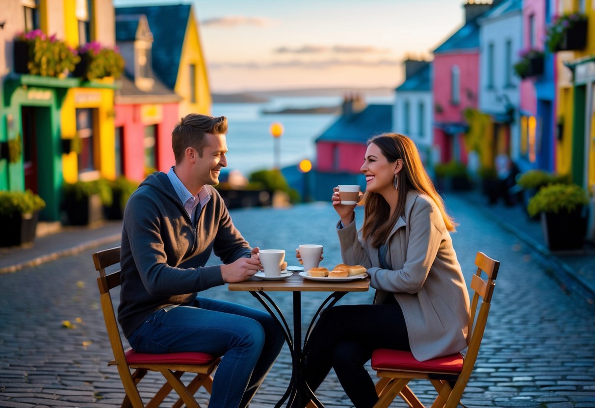 A young couple enjoying coffee at an outdoor café with colorful buildings and the ocean in the background in Galway, Ireland.