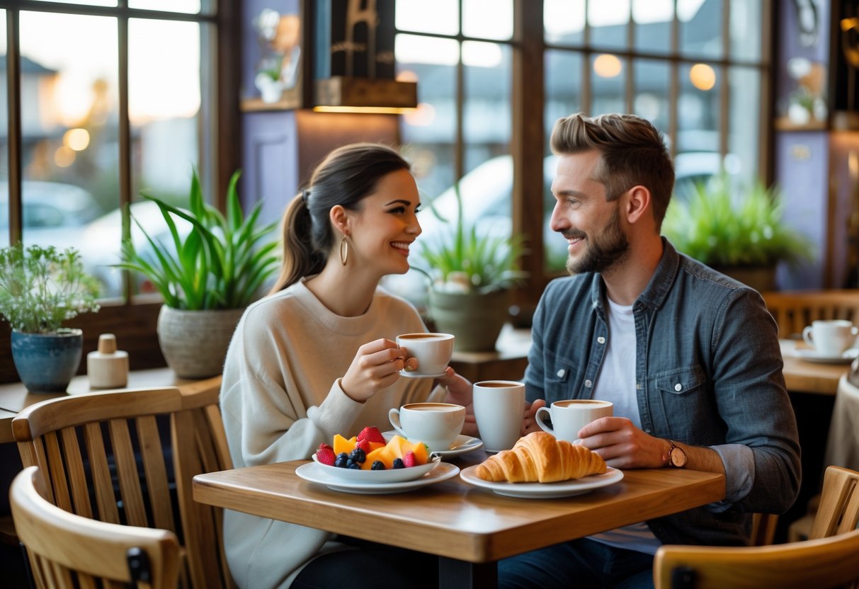 Two people enjoying breakfast together at a cozy café table with coffee and pastries.