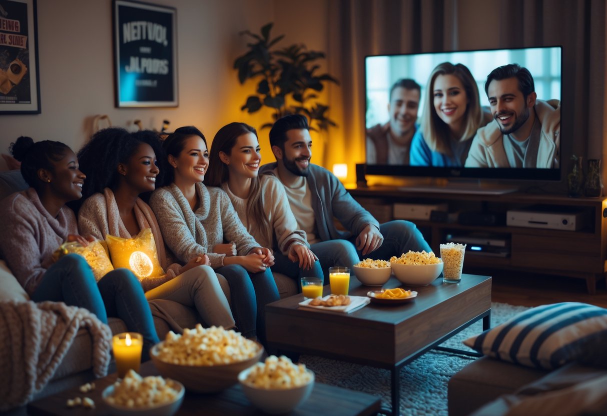 People sitting on a sofa in a cozy living room watching a movie together with snacks on a coffee table.