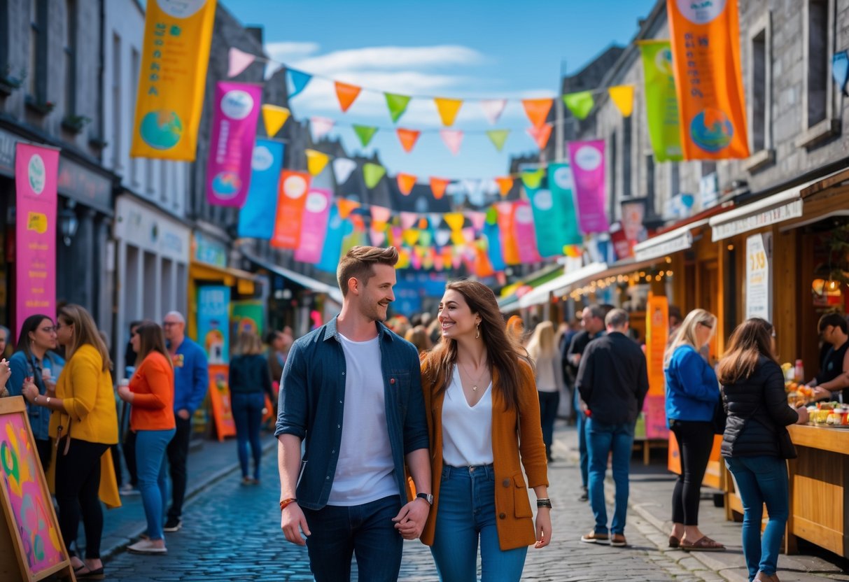 A young couple walking hand in hand through a lively street festival with people watching performers and browsing art stalls in a historic town setting.