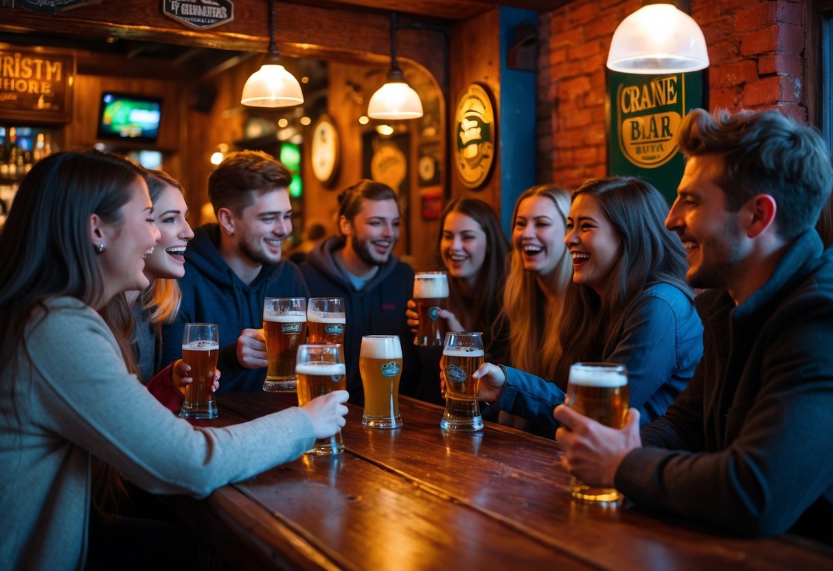 People enjoying drinks and conversation inside a cozy Irish pub with wooden interiors and warm lighting.