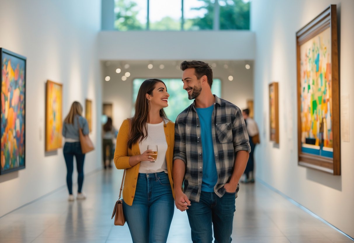 A young couple walking and admiring artwork inside a local museum or art gallery.