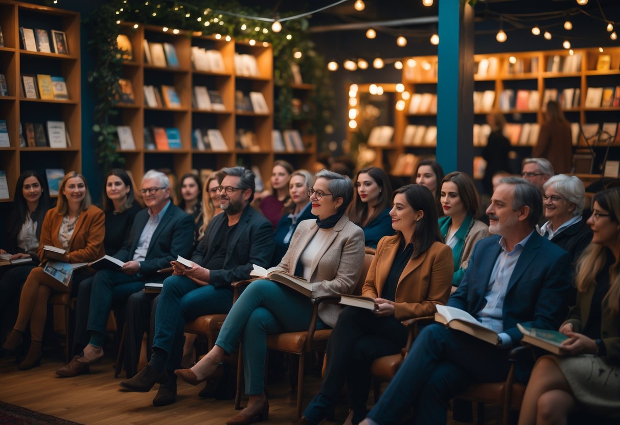People seated in a cozy bookstore listening to a poetry reading or book launch event.