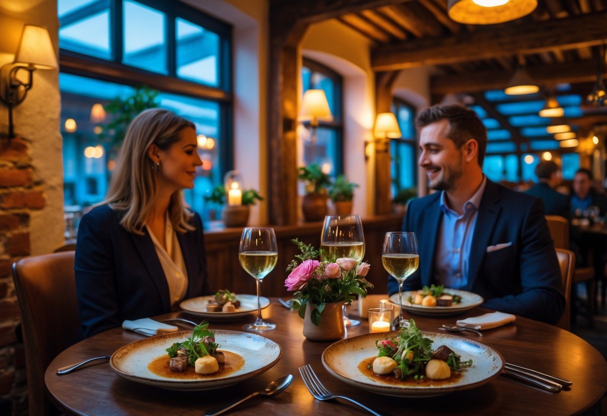 A couple enjoying a tasting menu dinner at a cozy restaurant with warm lighting and rustic decor.
