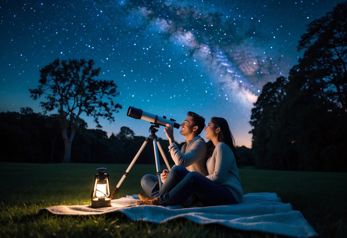 A couple sitting on a blanket in a dark park at night, looking through a telescope at a star-filled sky.
