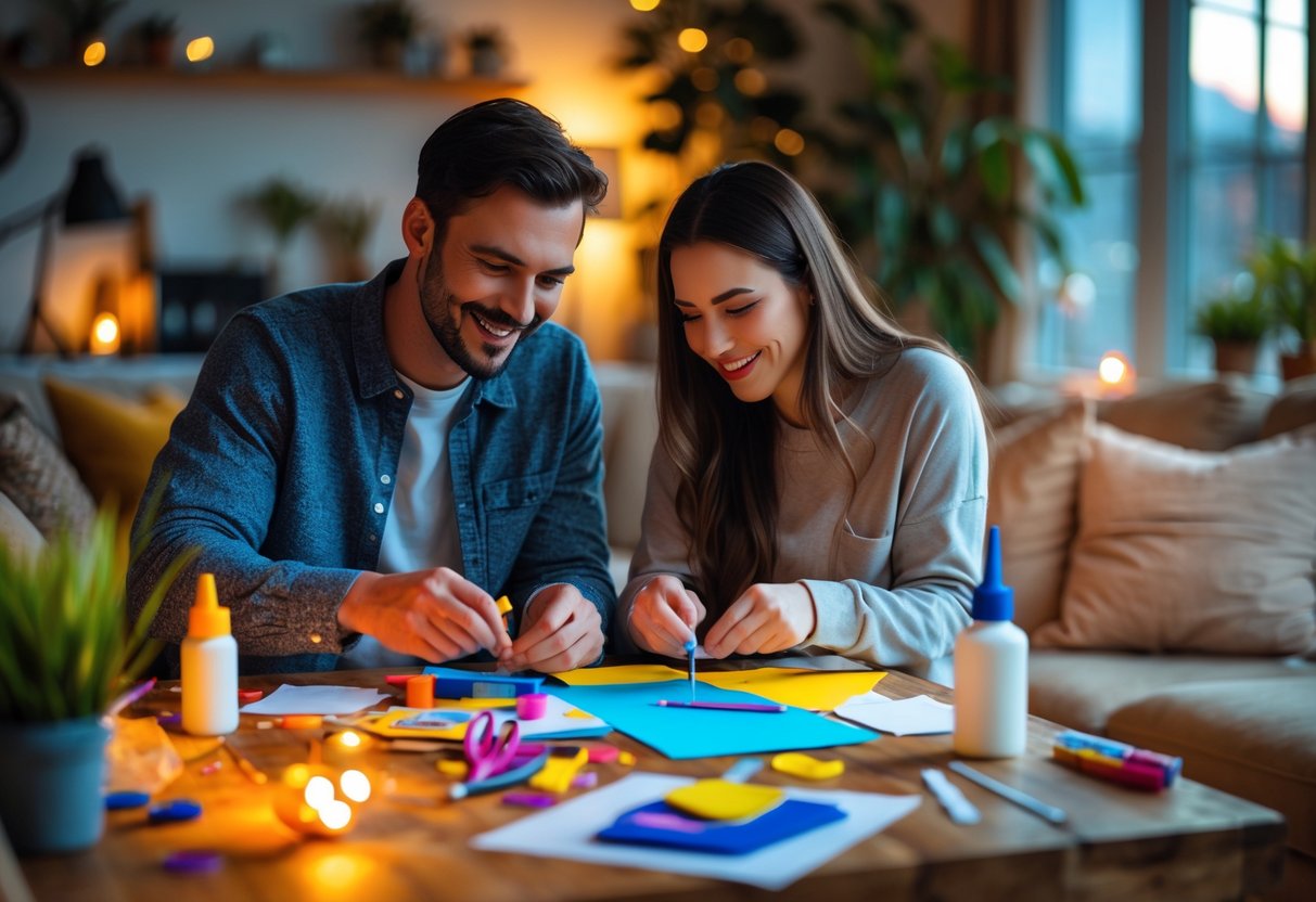 A couple working together on a DIY craft project at a table in a cozy living room.