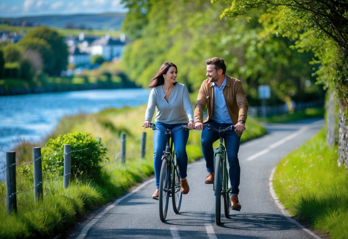 A couple riding bicycles together along a tree-lined river pathway with calm water and clear skies.