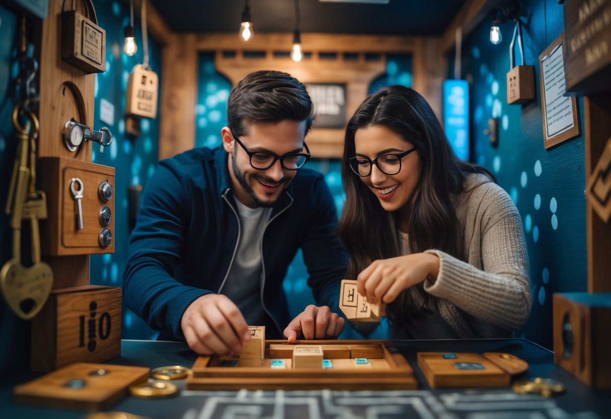 A young couple working together to solve puzzles inside a themed escape room during a date night.