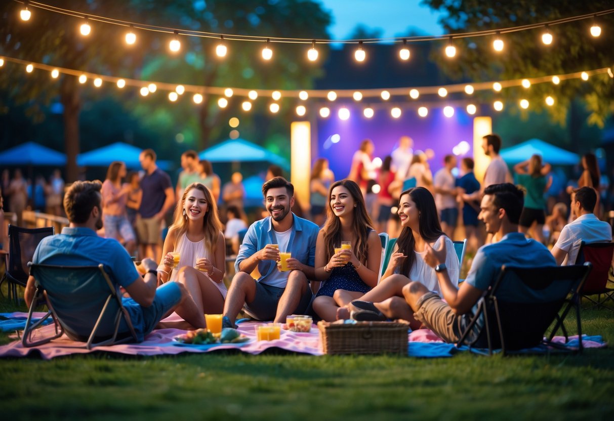 People enjoying a free outdoor concert at night, sitting on blankets and chairs, listening to live music and socializing.