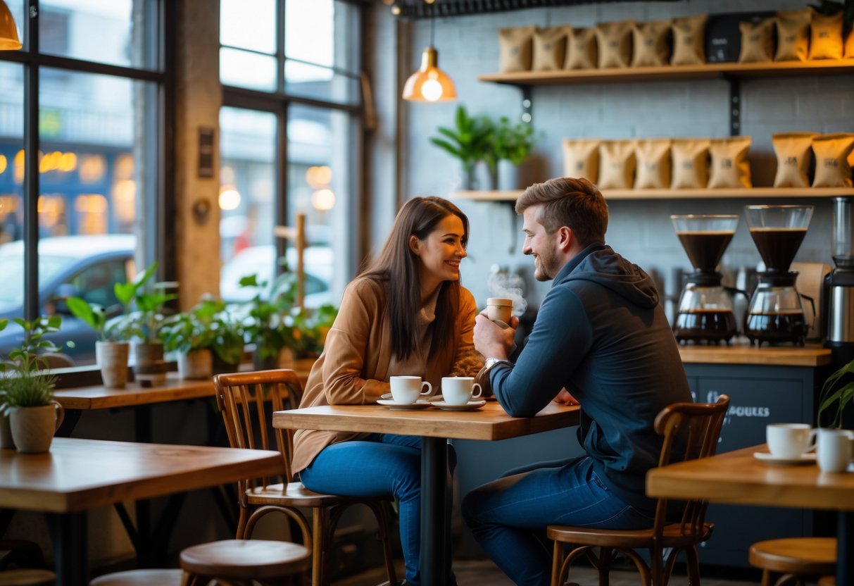 A young couple enjoying coffee together at a cozy coffee shop table with warm natural light and plants in the background.