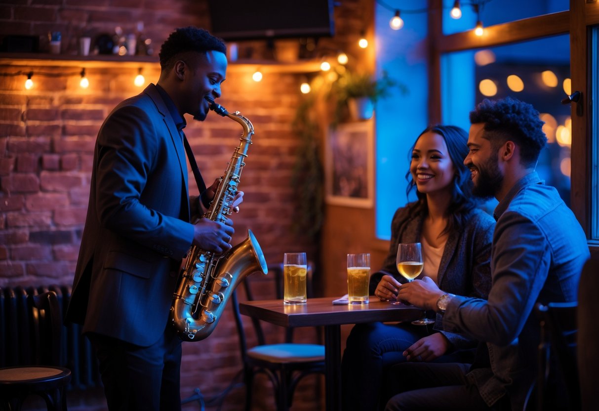 A couple enjoying a live jazz or acoustic music performance in a cozy venue with warm lighting.