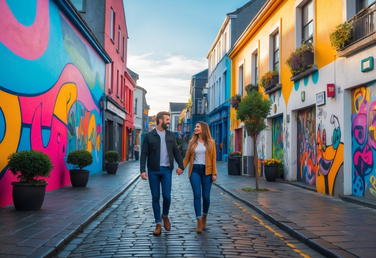 A young couple walking hand in hand along a cobblestone street lined with colorful murals and street art in a city setting.