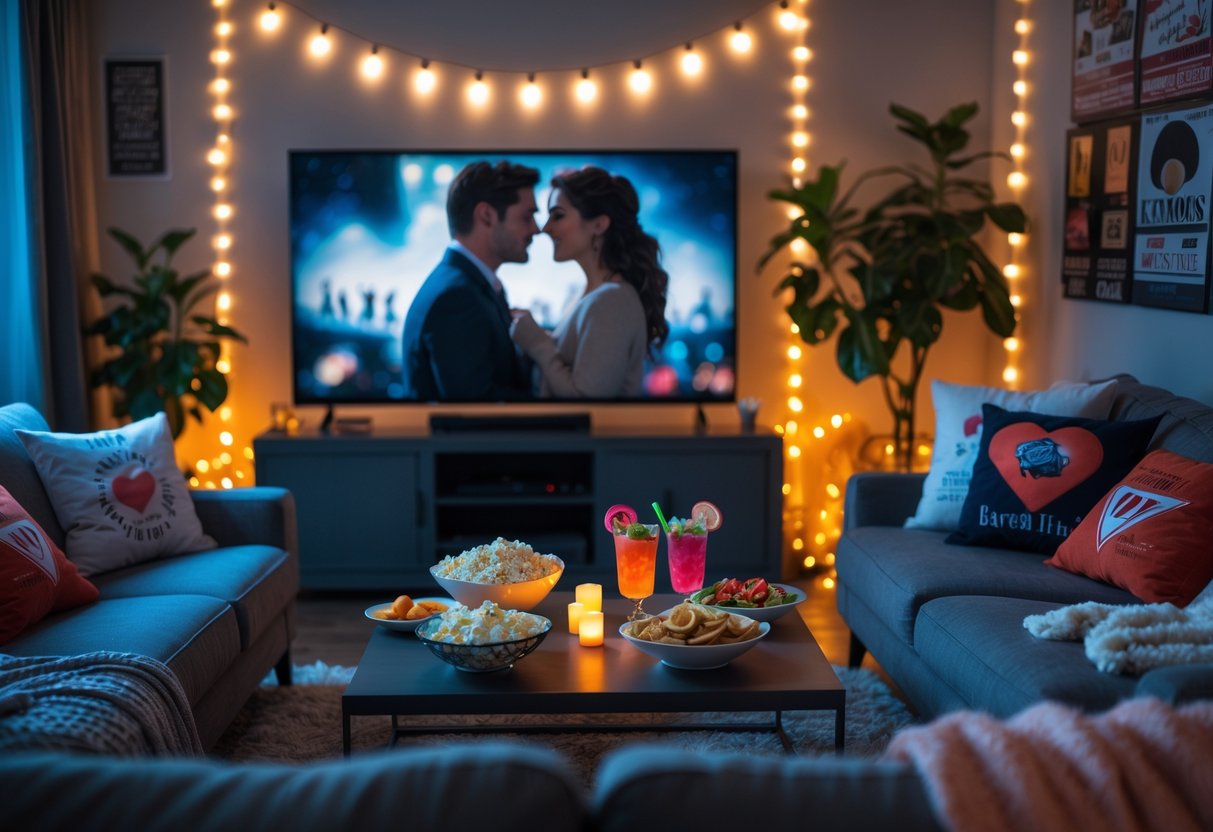 A cozy living room arranged for a movie marathon with a sofa, snacks on a table, warm lighting, and a large TV screen.