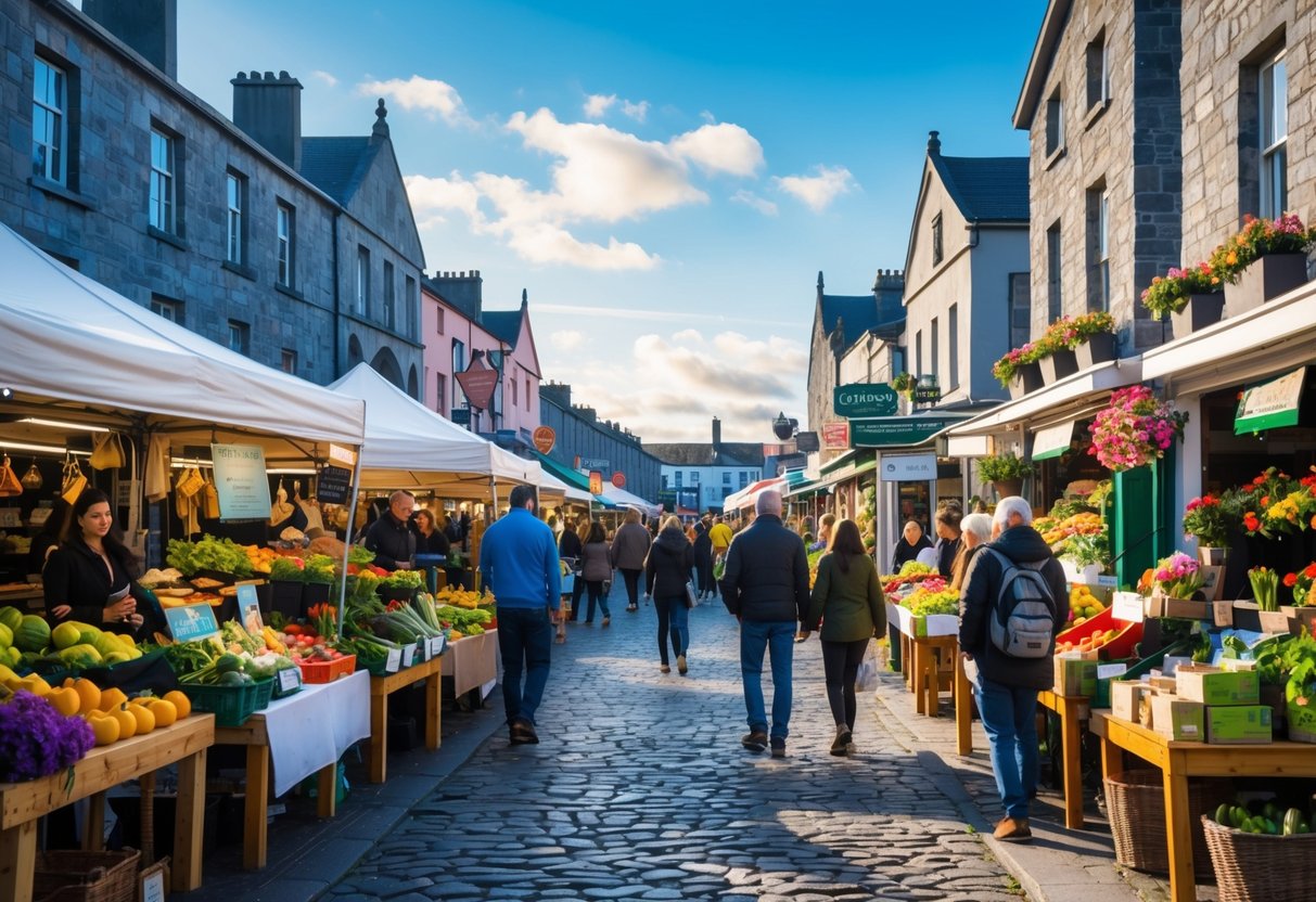 People browsing colorful market stalls with fresh produce and crafts on a sunny day in Galway.