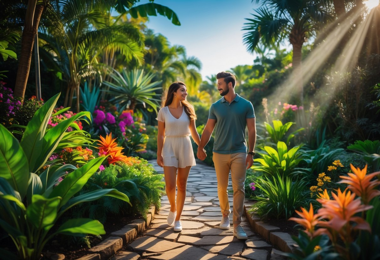 A couple holding hands walking along a stone path surrounded by colorful plants and flowers in a botanical garden.