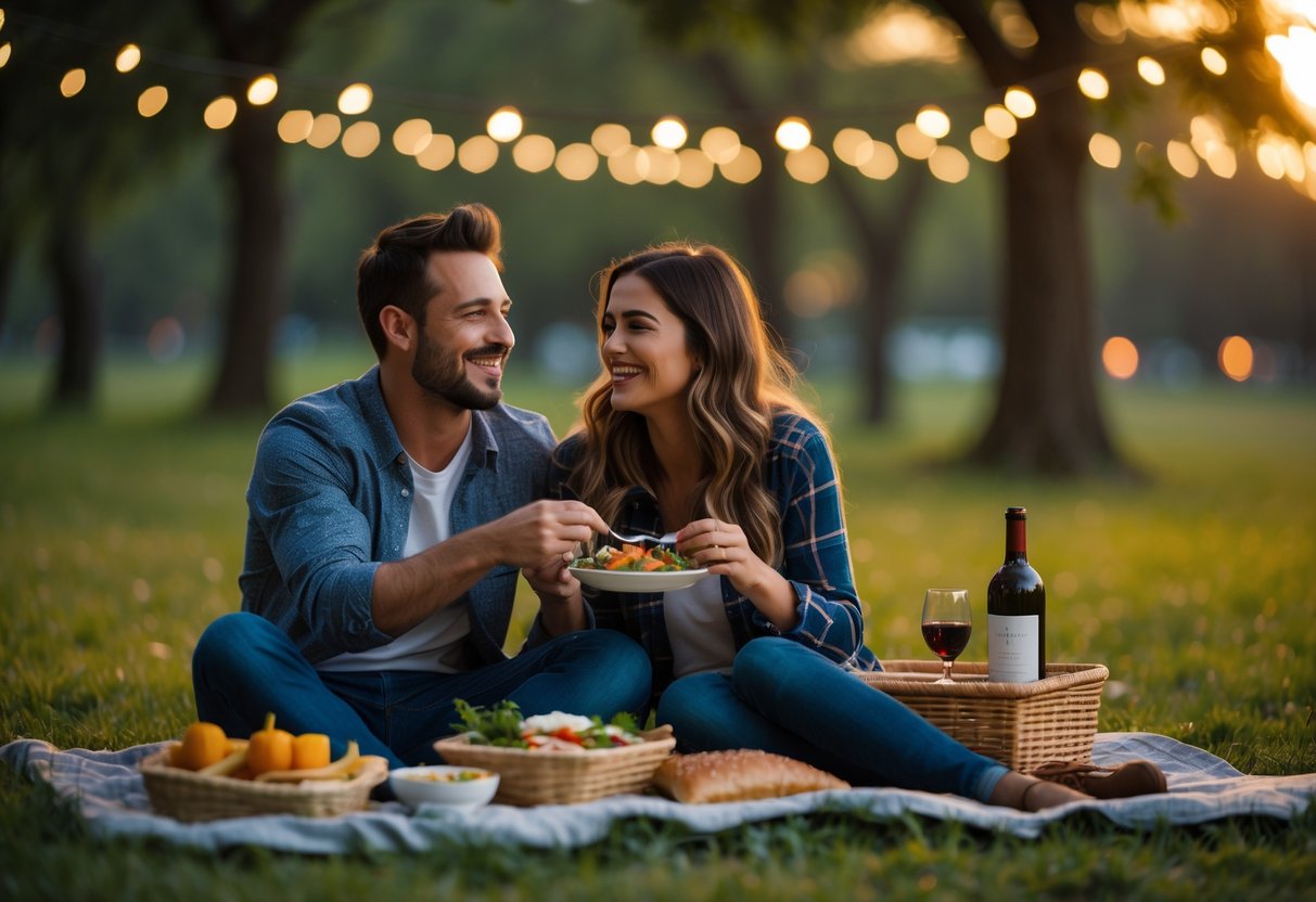 A couple enjoying a meal together on a picnic blanket outdoors at sunset.