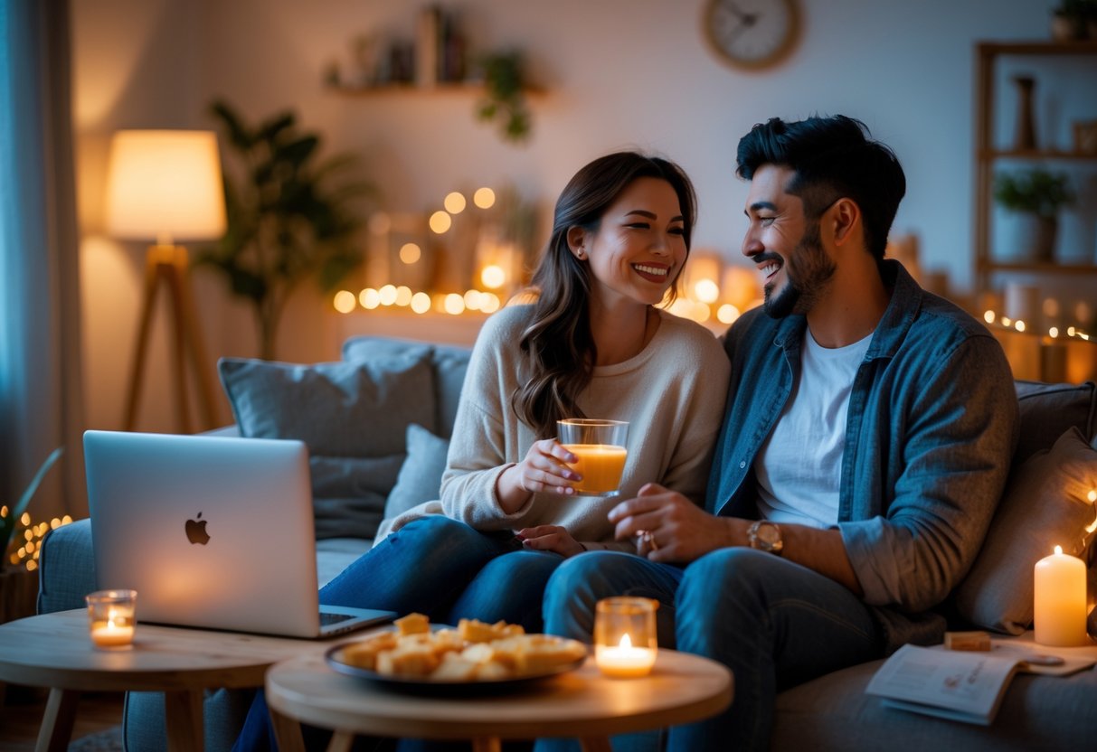A couple sitting together in a cozy living room enjoying a relaxed date night with snacks and a screen nearby.