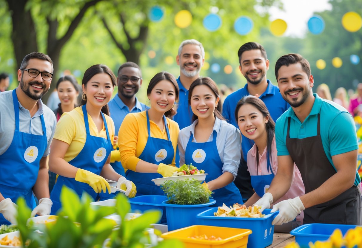 A group of diverse volunteers working together outdoors at a community event, smiling and engaging in various activities.