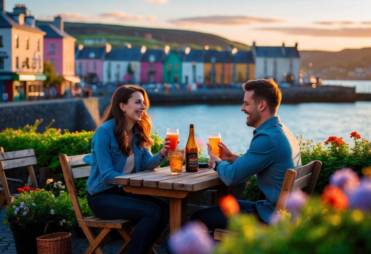 A young couple sitting at an outdoor café table near Galway Bay, enjoying a romantic date with the city and waterfront in the background.