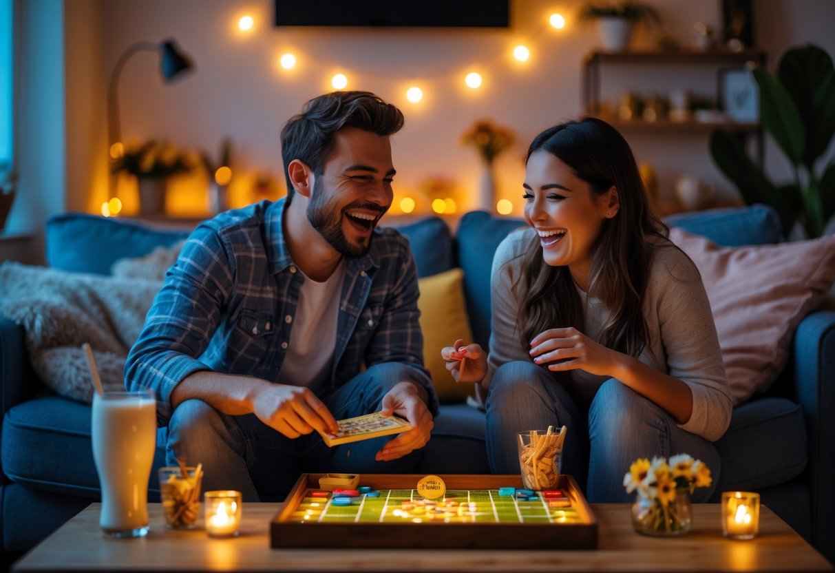 A couple laughing and playing a board game together in a cozy living room with warm lighting.
