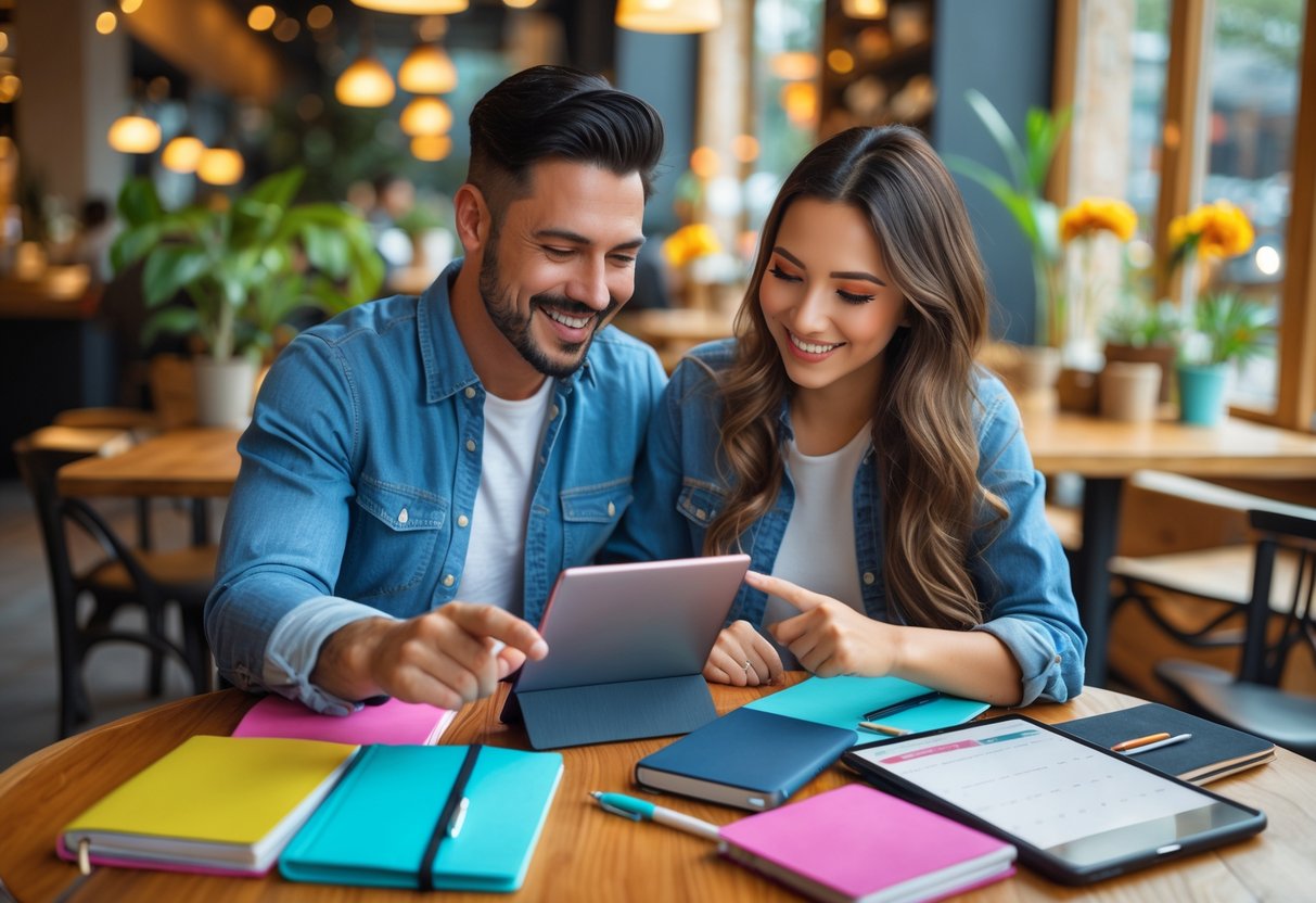 A couple sitting at a cafe table, smiling and planning together with notebooks and a tablet.