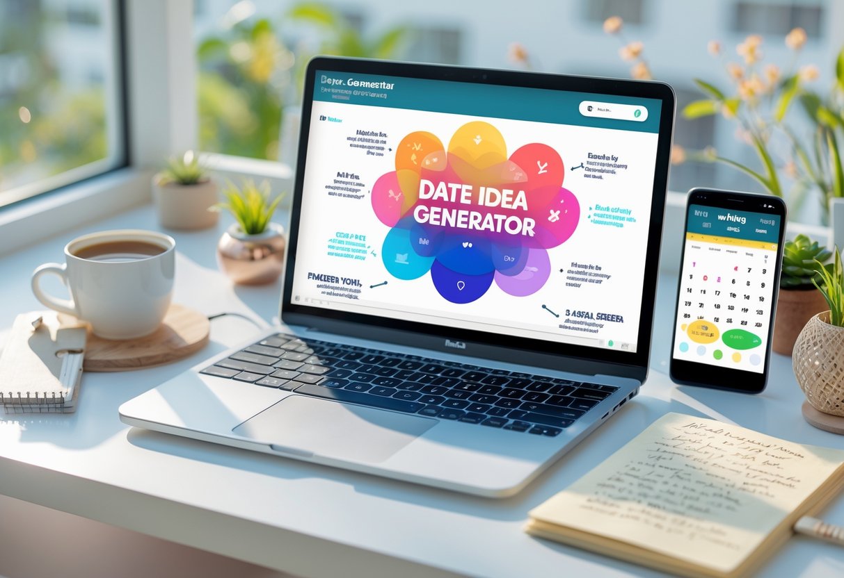 A workspace with a laptop, coffee cup, notebook, smartphone, and plants on a desk near a window.