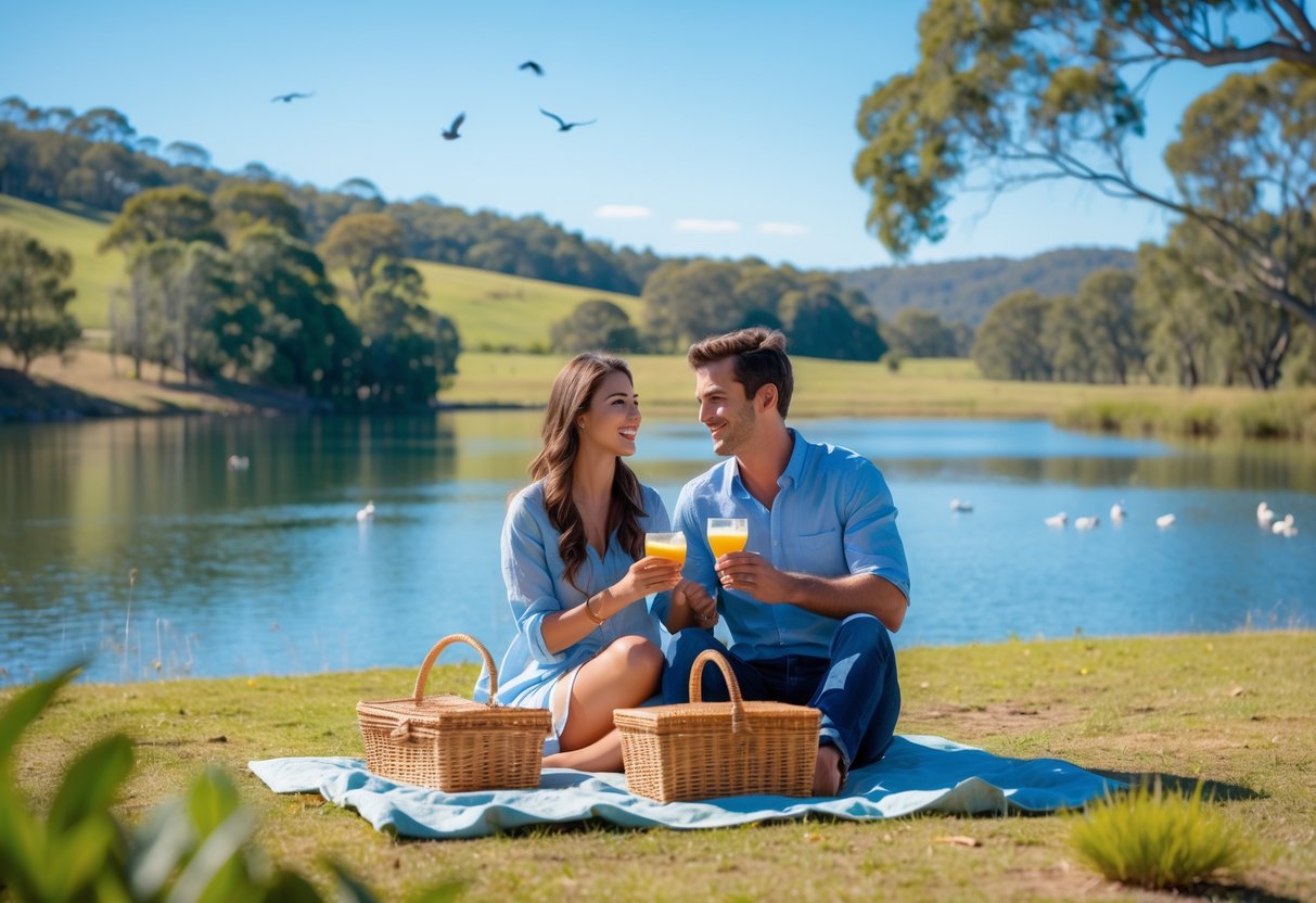 A couple having a picnic by a lake surrounded by trees and hills in Gippsland.