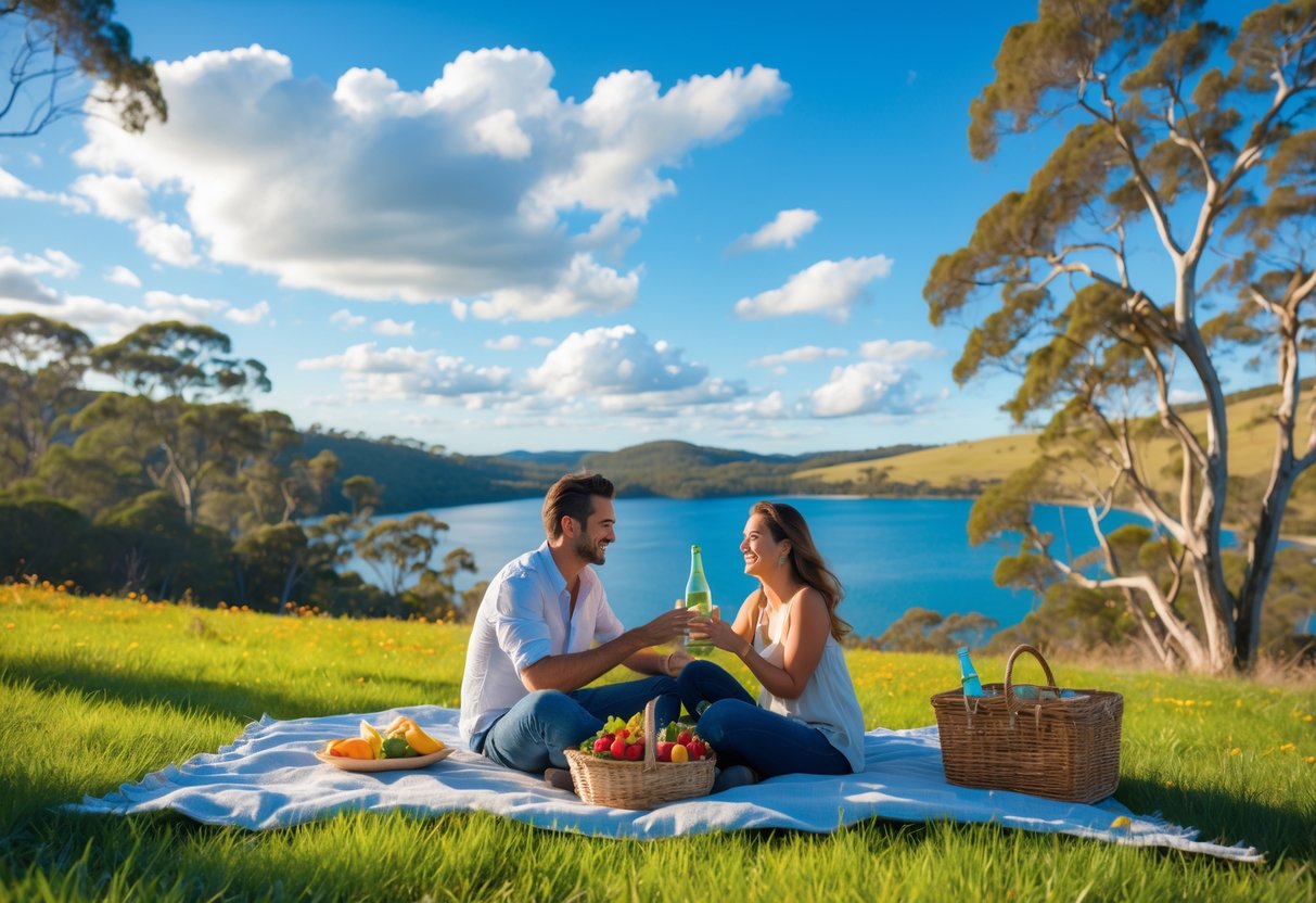 A couple having a picnic on a blanket near a lake surrounded by trees and hills at Wilsons Promontory National Park.