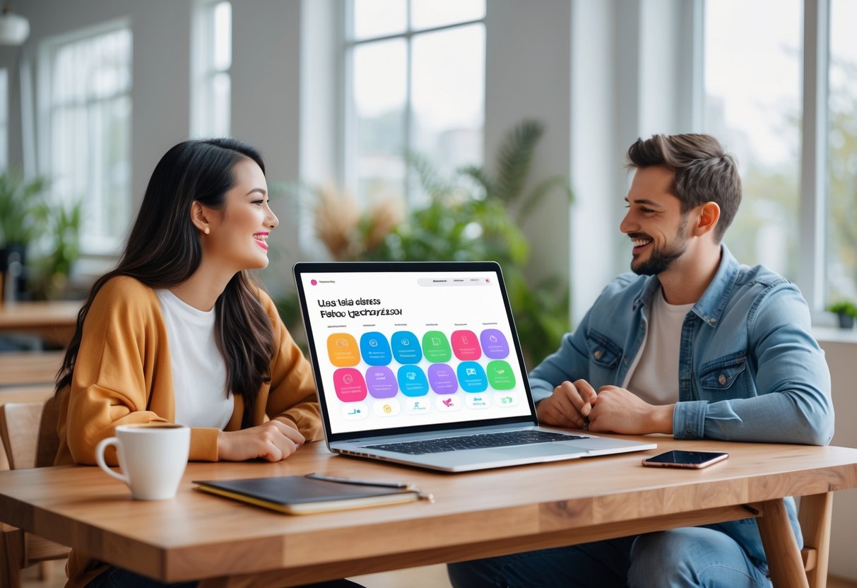 A young couple sitting at a table looking at a laptop together, smiling as they explore date ideas.