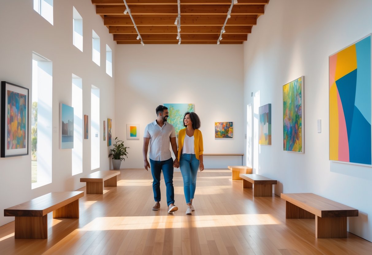 A couple walking hand in hand inside an art gallery surrounded by paintings and sculptures.
