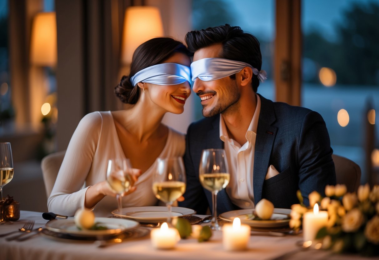 A couple wearing blindfolds sits at a candlelit dining table set for two, sharing a romantic meal.