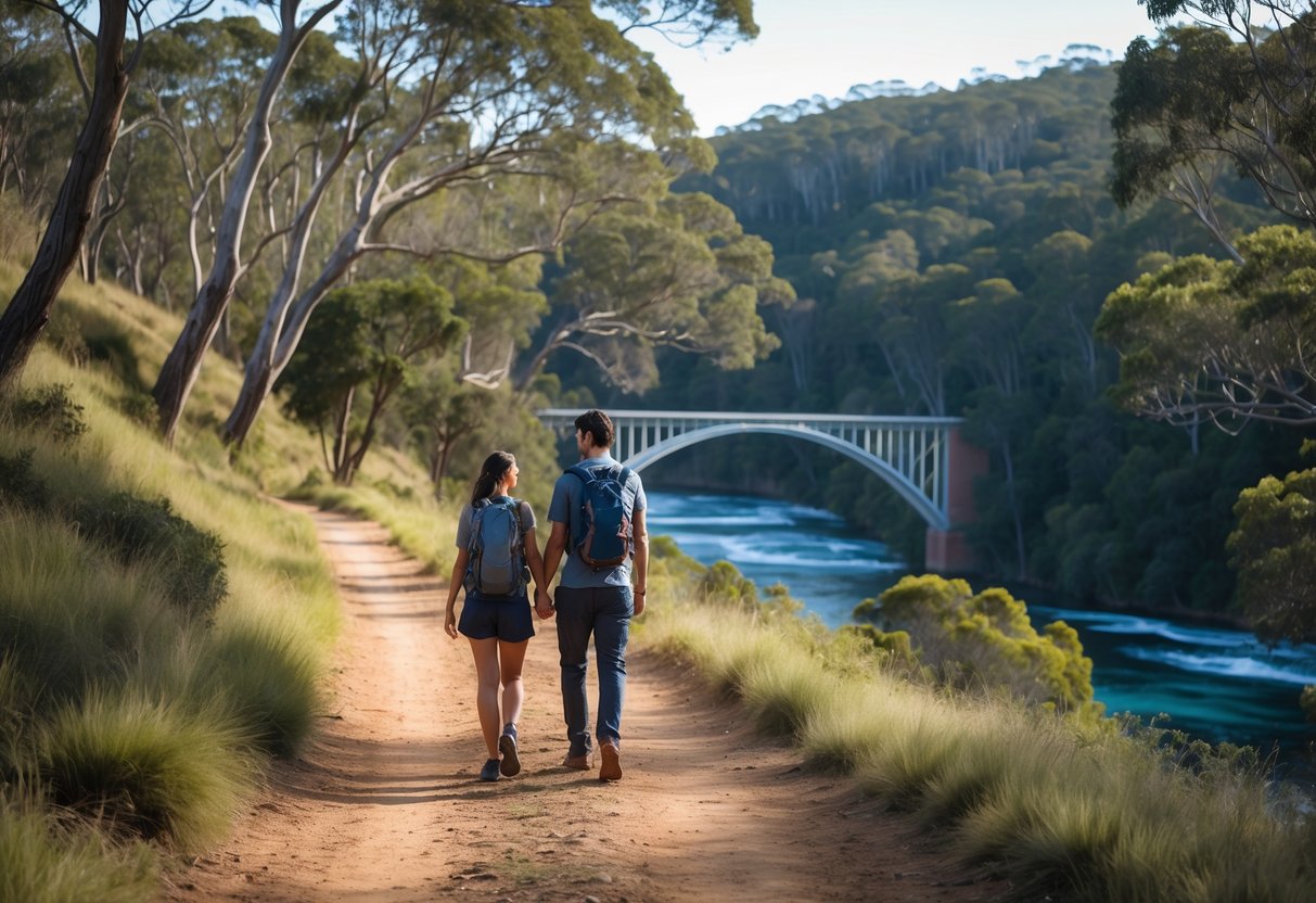 A couple hiking hand-in-hand on a forest trail near McKillops Bridge over a river gorge surrounded by green trees.