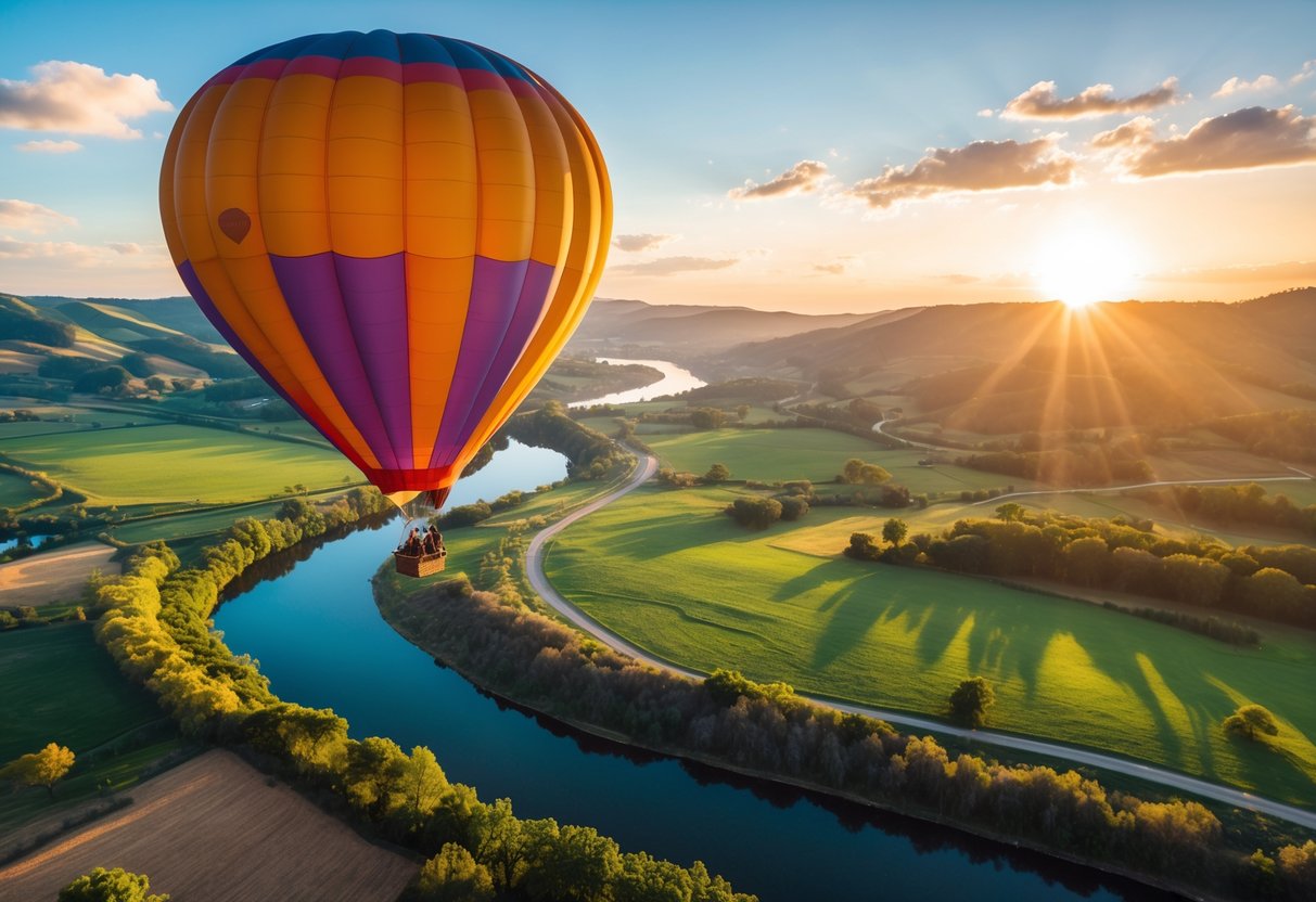 A couple enjoying a hot air balloon ride over green hills and a river during sunset.