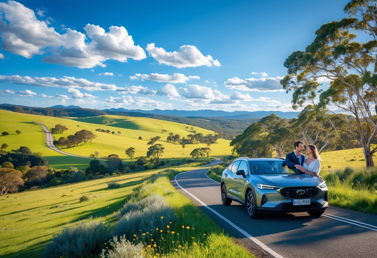 A couple enjoying a scenic road trip on a winding road through green rolling hills and wildflowers in the Dargo High Plains, with mountains in the distance under a blue sky.