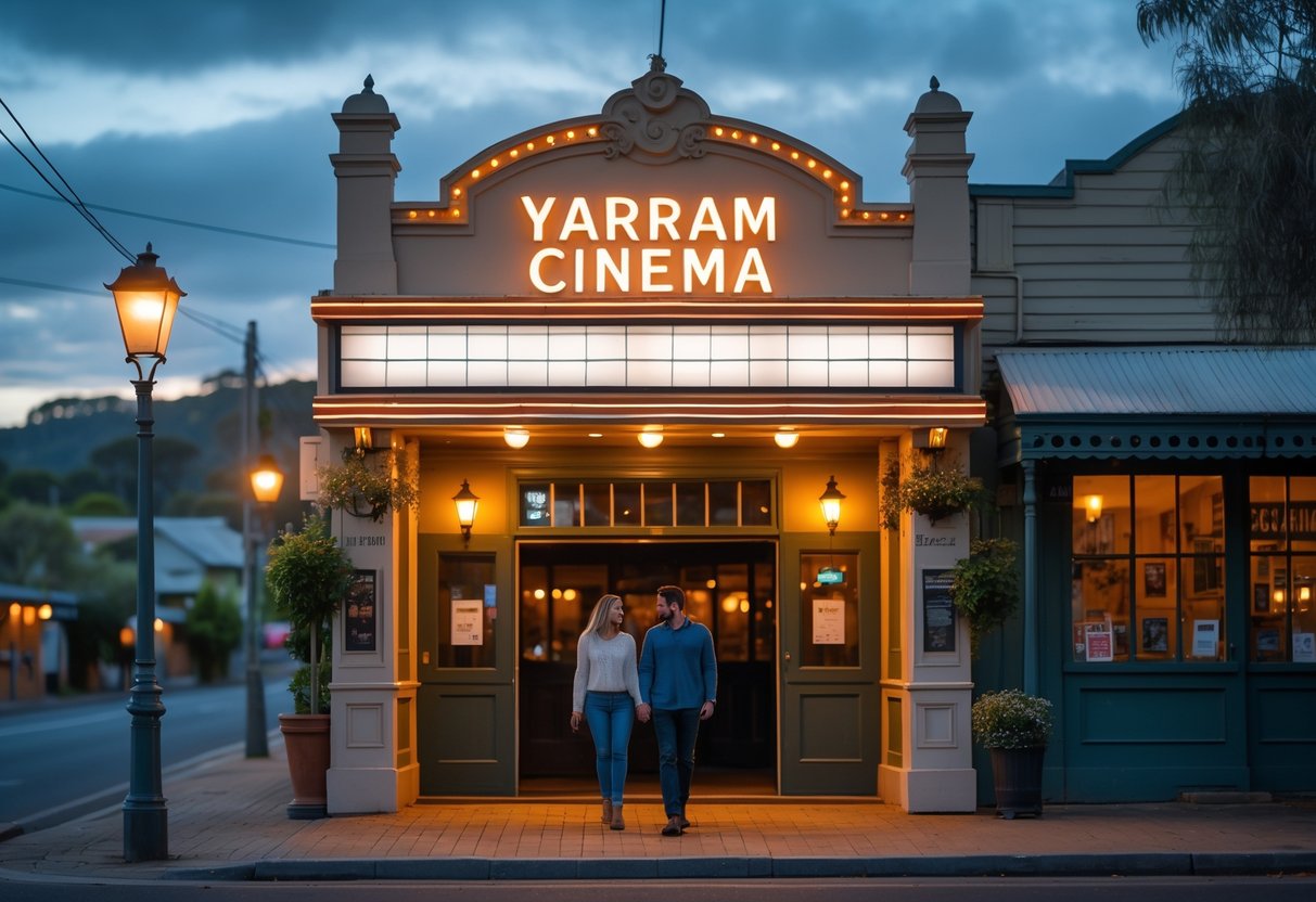 A young couple walking hand-in-hand towards the entrance of a small-town cinema in the evening, surrounded by warm lights and quaint streets.