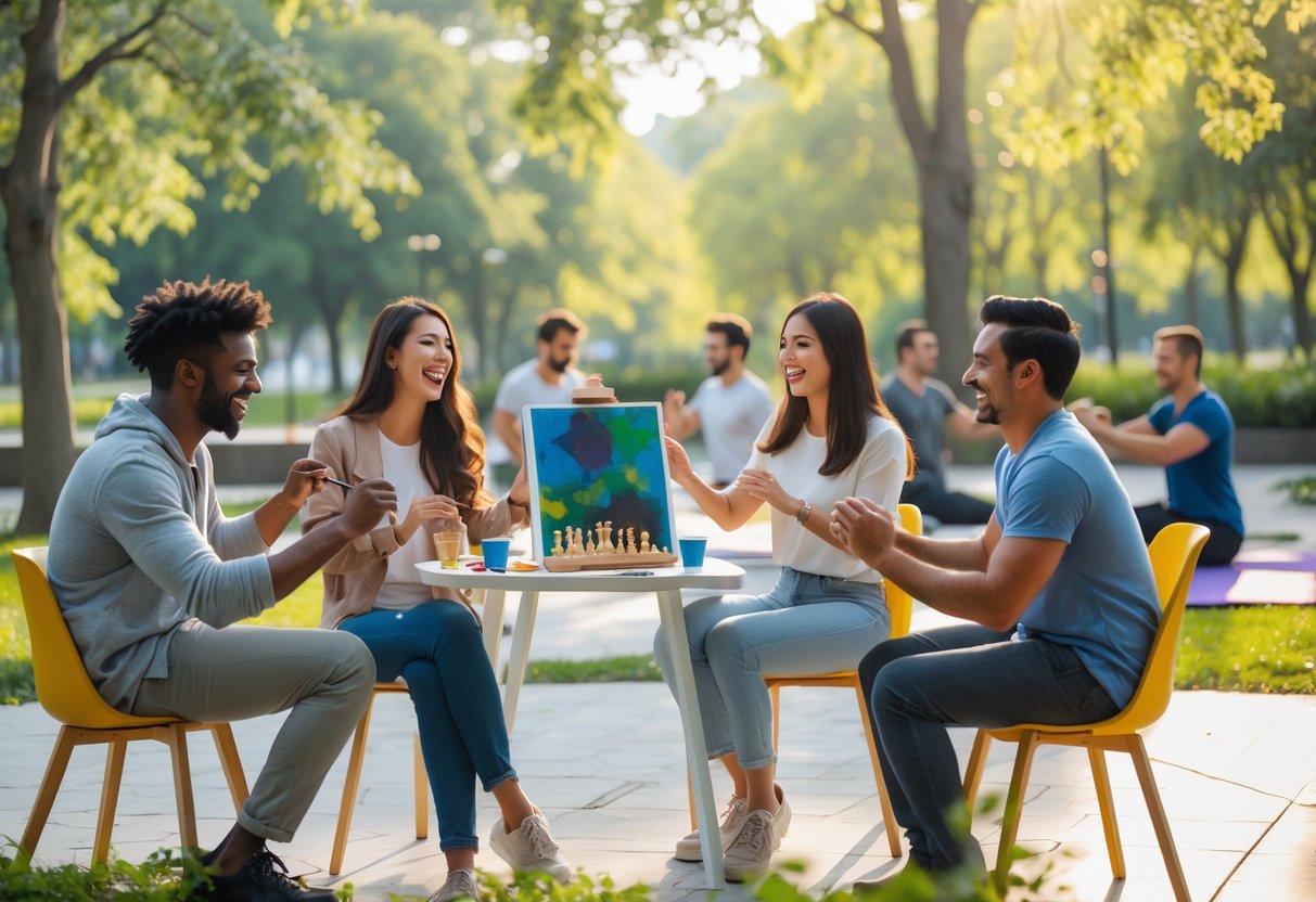 A diverse group of young adults enjoying different activities like painting, playing chess, and doing yoga together outdoors in a park.