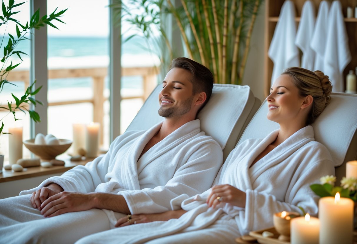 A couple wearing spa robes relaxing together in a peaceful, softly lit spa room with natural light and calming decor.
