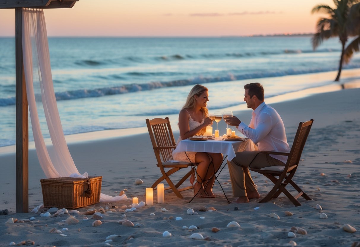 A couple enjoying a romantic picnic on the sandy shore of Virginia Beach at sunset, with gentle waves and a wooden pergola nearby.