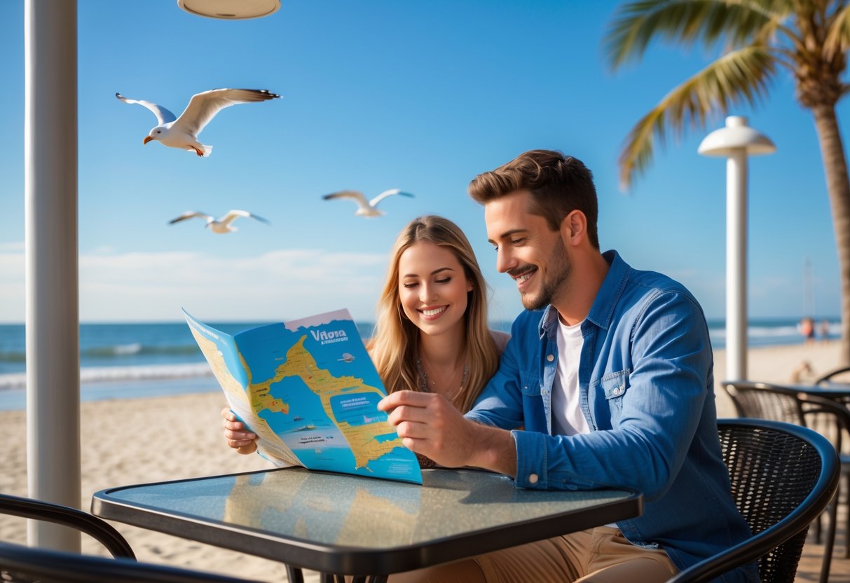 A couple sitting at an outdoor café near the beach, looking at a map together with the ocean and sand in the background.