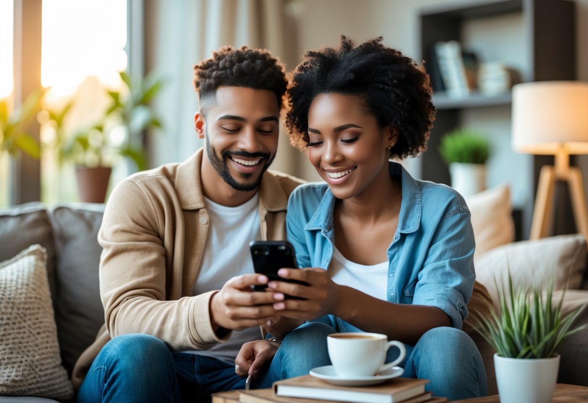 A couple sitting together in a living room, looking at a smartphone and smiling.