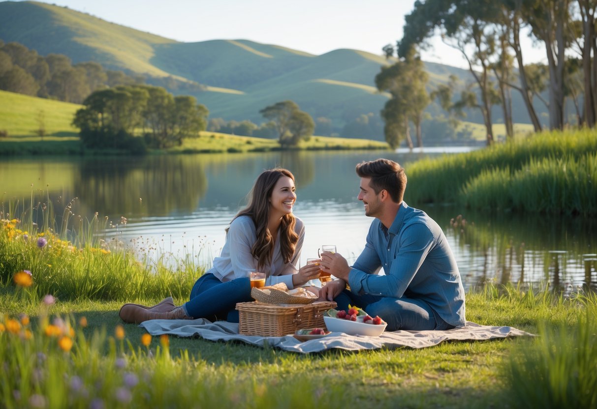A young couple having a picnic by a lake surrounded by green hills and trees, enjoying a romantic outdoor date.