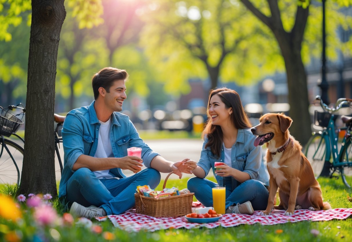 A young couple enjoying a picnic together in a sunny park surrounded by trees and flowers.