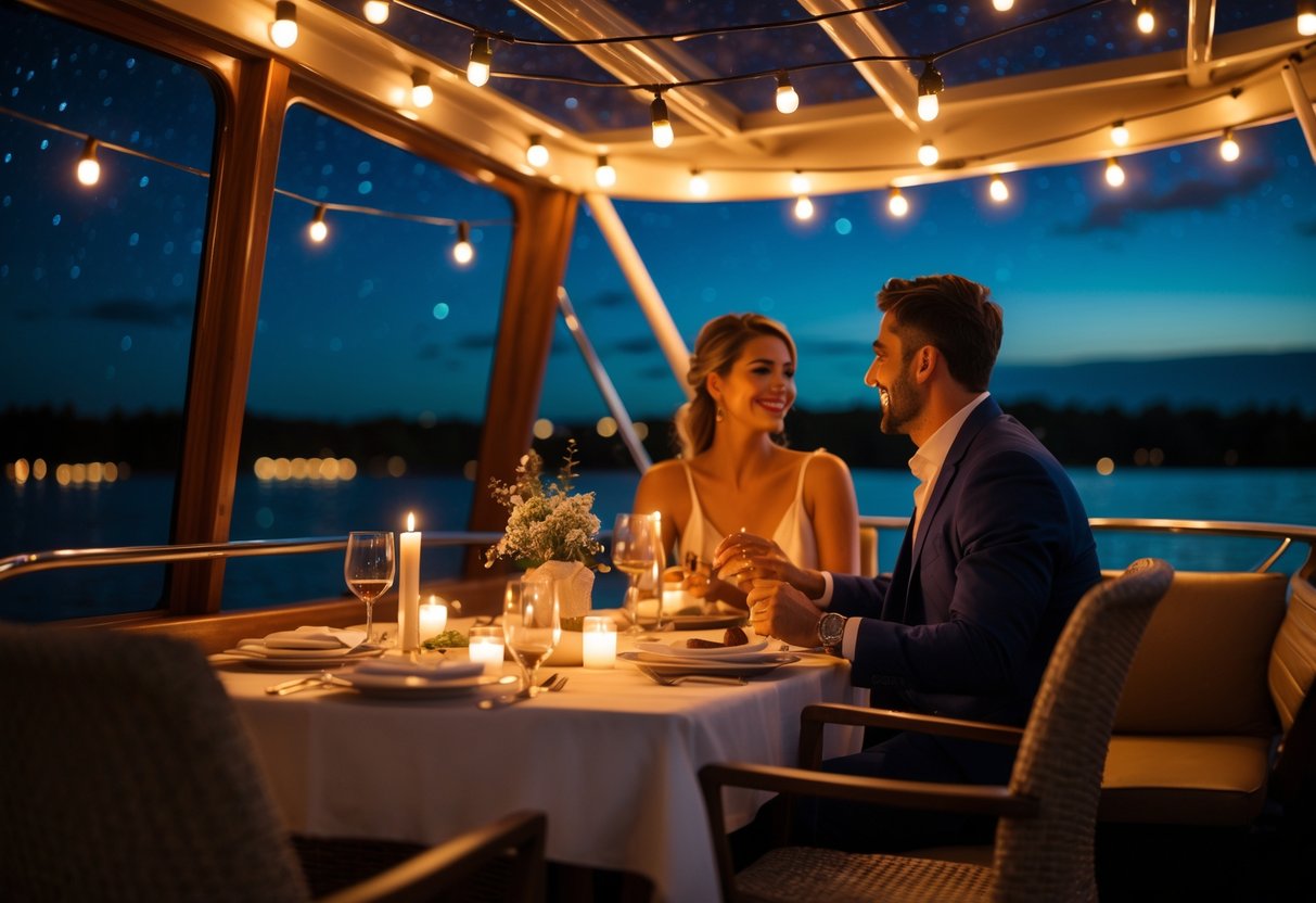 A couple enjoying a romantic candlelit dinner on a boat at night on the water.